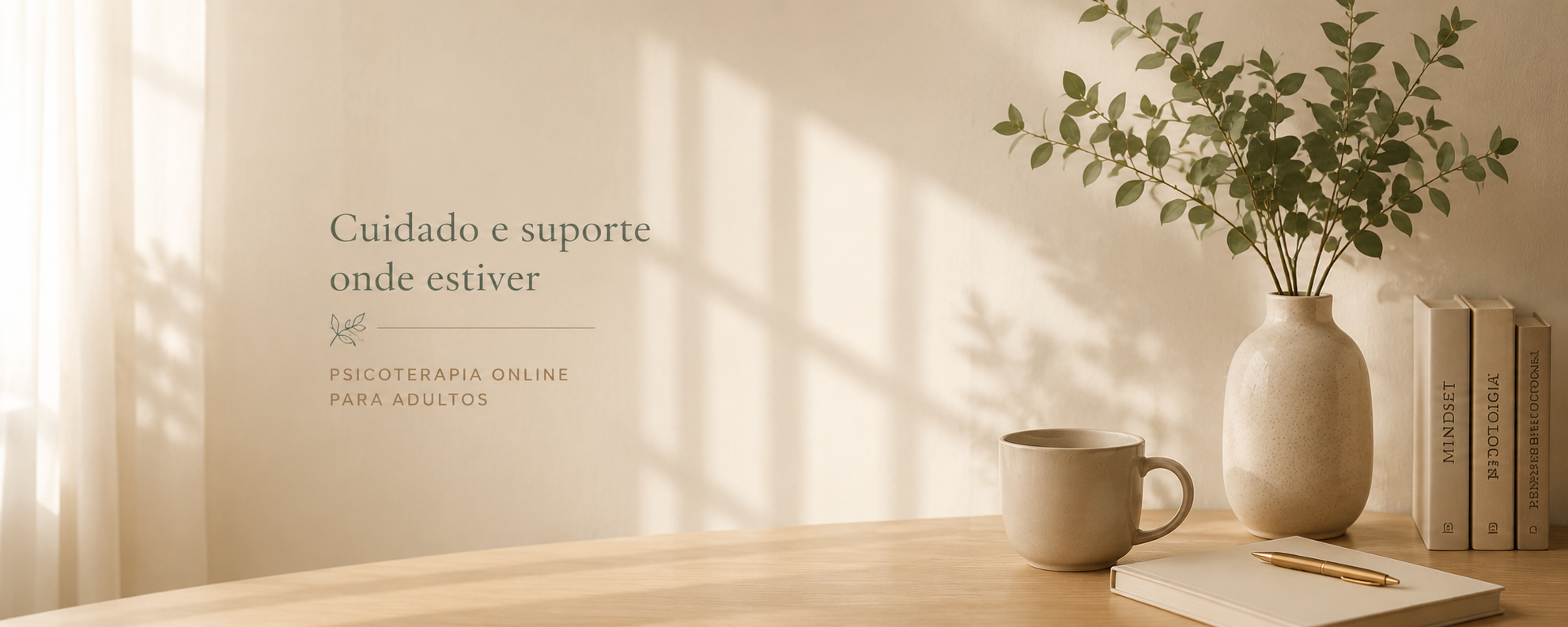 Ambiente acolhedor com a mensagem: Cuidado e suporte onde estiver — psicoterapia online para adultos